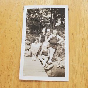 Vintage 2.75x4.5 B&W Photo People In Swimsuits By The Dock On The Lake Trees